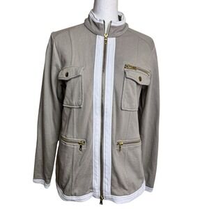 DG2 Diane Gilman Size S Women's Jacket Taupe White Trim Gold Zippers Knit Pocket